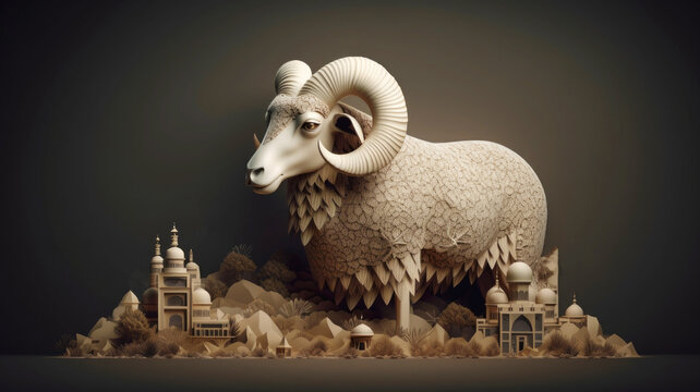 Muslim holiday Eid al-Adha, sacrifice of a ram or a sheep. Template for flyers, posters, postcards Generative AI