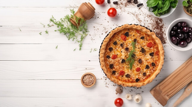 Chicago Style Deep Dish  Pizza With Tomatoes, Mozzarella, Peppers And Black Olives On White Wooden Background, Top View, Flat Lay Ai Illustration 