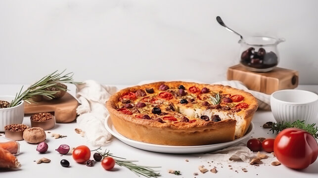 Chicago Style Deep Dish  Pizza with tomatoes, mozzarella, peppers and black olives on white  background, ai illustration 
