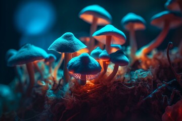 Shimmering fungal glow in vivid hues, enchanting and mystical. Generative AI