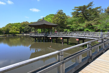 Fototapeta na wymiar 新緑の4月に歩く奈良公園 鷺池の浮見堂