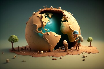Two clay model with barren and dry earth and ocean in the background showing impact of climate change and global warming. 3D claymation concept for environment day. Generative AI - obrazy, fototapety, plakaty