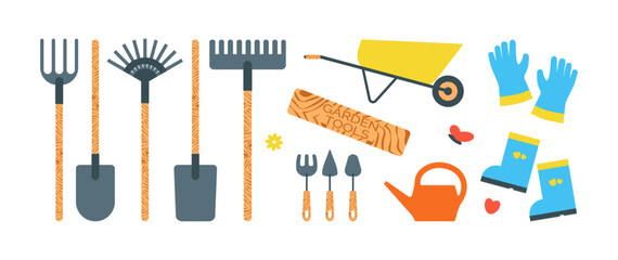 Set of various items for the garden. Gardening and horticulture tools. Flat design on white background. Vector illustration.