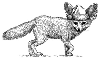 Vintage engraving isolated fennec set dressed christmas illustration ink santa costume sketch. Fox background fenech animal silhouette new year hat art. Black and white hand drawn image.