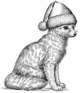 Vintage engraving isolated fennec set dressed christmas illustration ink santa costume sketch. Fox background fenech animal silhouette new year hat art. Black and white hand drawn image.