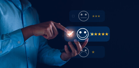 Customer service and Satisfaction ,business man giving Feedback satisfaction. five stars Positive...