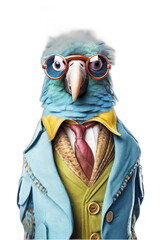 a parrot wearing glasses and a cute outfit isolated on a transparent background, generative ai