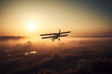 Fototapeta na wymiar Early-morning plane soaring amidst sunrise hues. Generative AI
