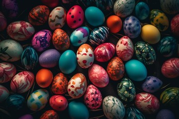 Fototapeta na wymiar Colorful Easter eggs as Easter background. Generative AI