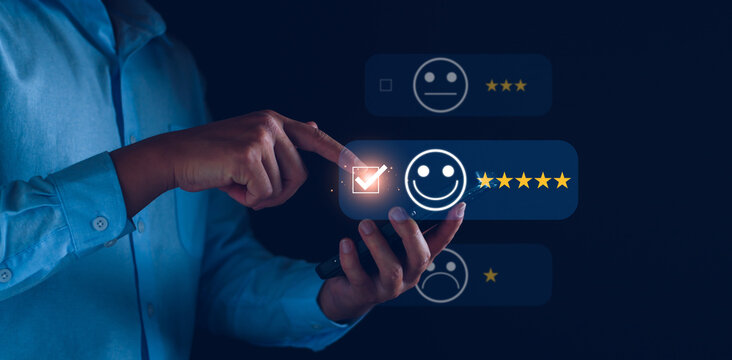 Customer service and Satisfaction ,business man giving Feedback satisfaction. five stars Positive Review. Client Satisfaction Surveys, good, five stars, best product and service. Excellence guarantee.
