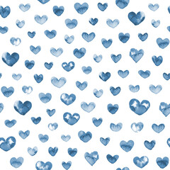 Hand painted watercolor blue cyanotype heart allover seamless print pattern