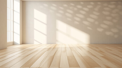 Aesthetic geometric sunlight shadows on white textured wall and beige wooden floor, empty template for home room interior product, background for branding design showcase, copy space. Generative AI