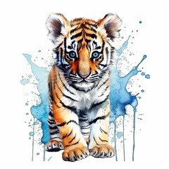 Baby Tiger watercolor with ink outline on white background, high detailed (generative AI)