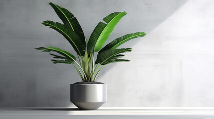 Blank clean white wall, green tropical banana tree in concrete pot on gray granite floor, 