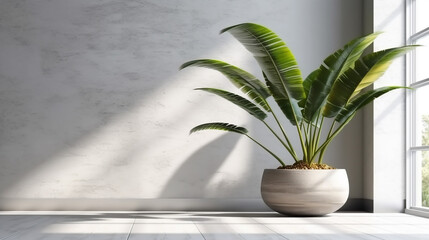 Fototapeta na wymiar Blank clean white wall, green tropical banana tree in concrete pot on gray granite floor, 