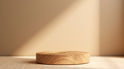 Clean smooth round teak wooden podium, beautiful wood grain in sunlight, 