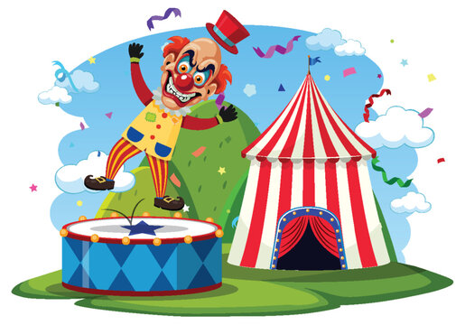 Creepy clown with circus tent background