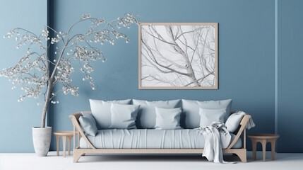 Japandi minimalist living room with frame mockup in white and blue tones. sofa, rattan furniture, and wallpaper. design of a farmhouse interior. Generative AI