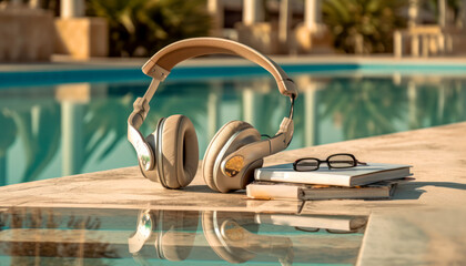 Headphones with books near swimming pool