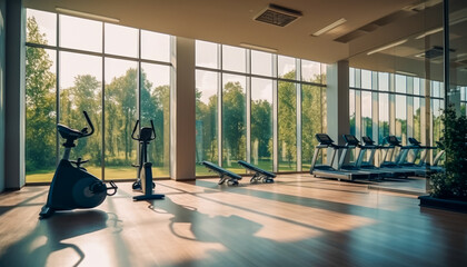 Modern fitness class interior with sport equipment in row and bright panoramic windows
