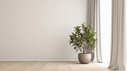 Plant against a white wall mockup. White wall mockup with brown curtain, plant and wood floor. 