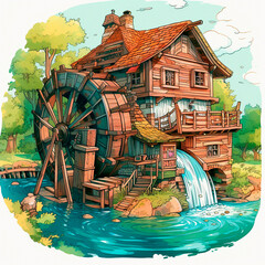 Summer landscape with a watermill. Anime style. High quality illustration Generative AI