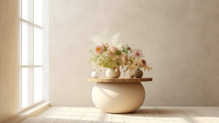 Wooden round beautiful grain podium table, flower bouquet in round vase in sunlight from white curtain 