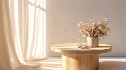 Wooden round beautiful grain podium table, flower bouquet in round vase in sunlight 