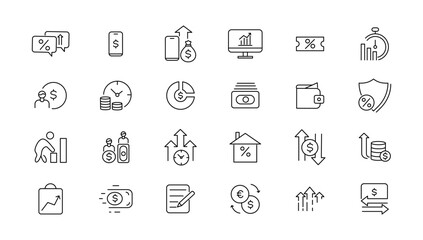 Money and taxes linear icons collection.Money and taxes black icons.Big UI icon set in a flat design. Thin outline icons pack. Vector illustration