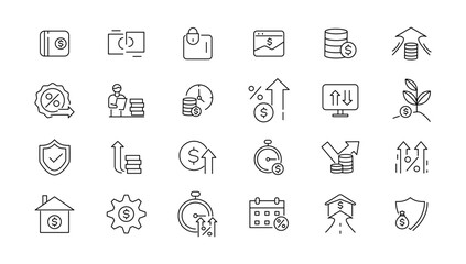 Money and taxes linear icons collection.Money and taxes black icons.Big UI icon set in a flat design. Thin outline icons pack. Vector illustration