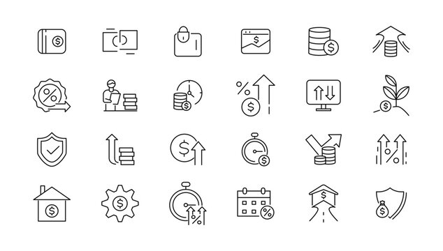 Money and taxes linear icons collection.Money and taxes black icons.Big UI icon set in a flat design. Thin outline icons pack. Vector illustration