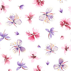 Fototapeta na wymiar Hand painted watercolor allover seamless pink and purple spring flowers on white background