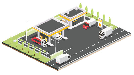 Isometric Gas Station with Trucks and Vans. Petroleum Filling Station. Infographic Element. Vector Illustration.