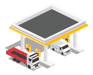Gas Station with Truck and Van. Isometric Isolated Petroleum Filling Station. Infographic Element.