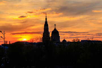 View of Annunciation cathedral at sunset in Kharkov, Ukraine