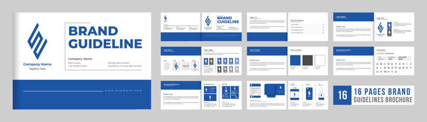 Company design guideline booklet template vector with blue and dark colors. Corporate design manual and color palette vector for guidance. Brand identity manual magazine layout vector.