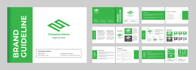 Brand identity and design guideline template vector for the company. Special branding guidelines magazine template design with green and dark colors. Company Manual layout vector with logo guidelines.