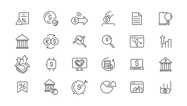 Money and taxes linear icons collection.Money and taxes black icons.Big UI icon set in a flat design. Thin outline icons pack. Vector illustration