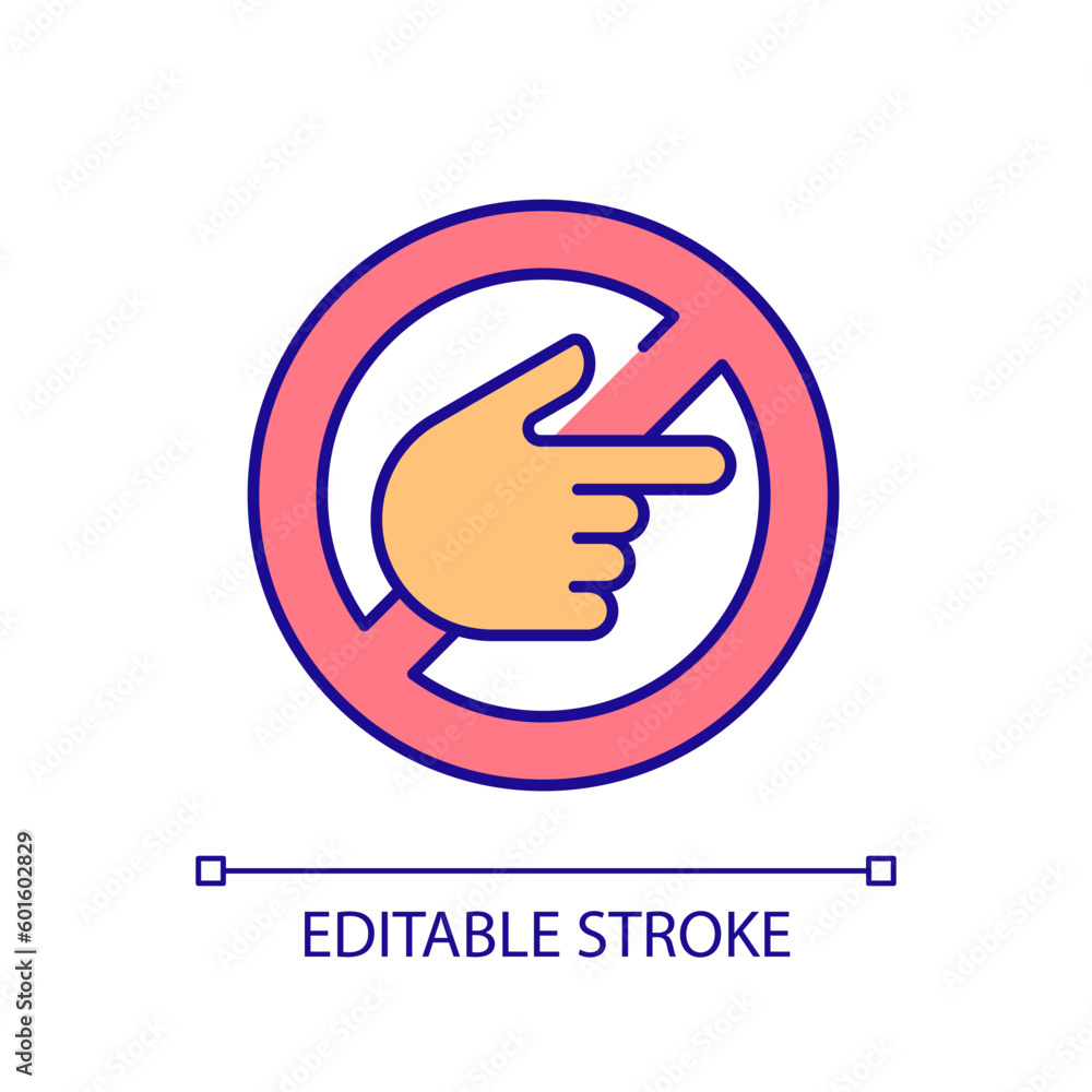Poster do not touch rgb color icon. prohibited sign. pointing hand. non violent communication. no discrimin