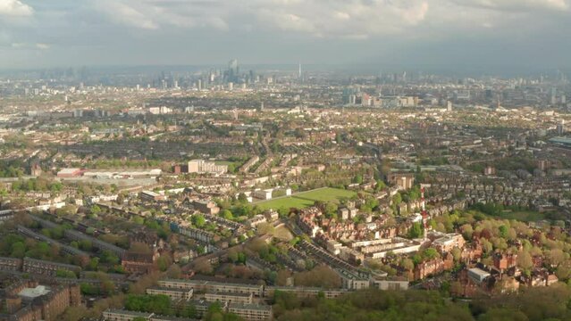 Aerial shot over Tufnell park north London towards city centre
