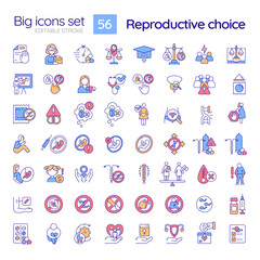 Reproductive choice RGB color icons set. Women empowerment. Reproductive health. Human right. My body. Isolated vector illustrations. Simple filled line drawings collection. Editable stroke