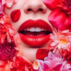 person with red lips and flowers 
