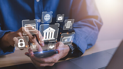 Businessman using online banking .Mobile banking.Technology E-commerce Commercial. Online payment digital and shopping on network connection.