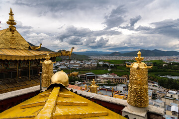 View to Shangri-La village from Songzanlin Temple, is Tibetan Buddhist monastery in Zhongdian city, Shangri-La, Yunnan province, China