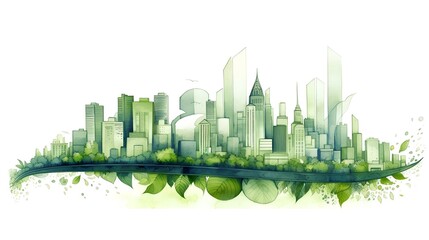 Fototapeta na wymiar Green city illustration showcasing a harmonious blend of urban architecture and lush greenery. This image represents a sustainable future where cities and nature coexist in balance. Generative AI