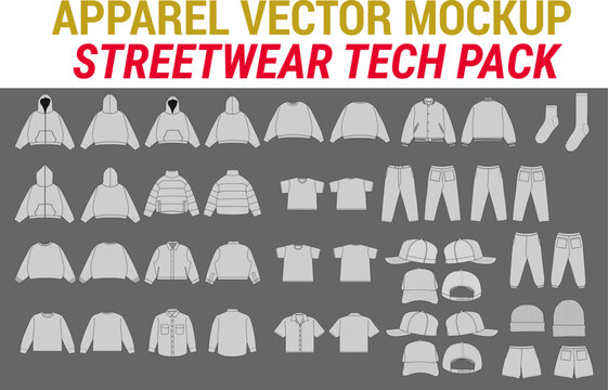 Streetwear Vector Mockup Pack Vector Apparel Mockup Collection Fashion Illustrator Vector Tech Pack Men's t-shirt trucker hat cap hoodie joggers jacket short sweater pant design template