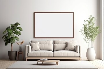Blank wooden picture frame mockup on wall in modern interior design. Horizontal artwork template mock up for artwork, painting, posteror photo in interior design, ai generative