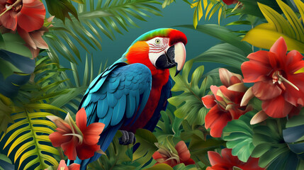 Fototapeta premium Colorful parrot perched on branch zoo Generative AI .