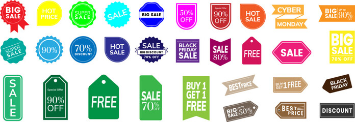 Set of Sale badges. Sale quality tags and labels. Template banner shopping badges. Special offer, sale, discount, shop, black friday.Set of sale sticker, price tag, starburst, quality mark, sunburs