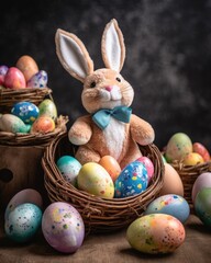 Fototapeta na wymiar The Easter bunny is delighted with multiple colorful eggs. (Generative AI)